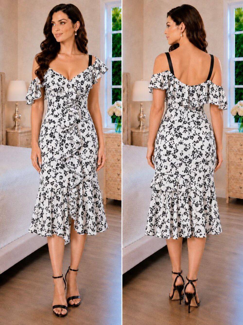 Proenza Schouler Black White Floral Ruffle Midi Dress $890
